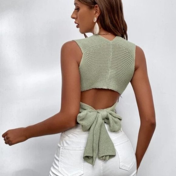 Wrap Knot Tie Back Knit Crop Top Sage Green - Picture 2 of 8